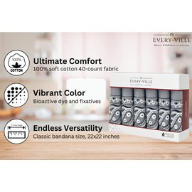 EVERY-VILLE Where EVERYone is Welcome 6-Pack 100% Cotton Bandanas - Holiday Gifts for Men Women, Grey, Large