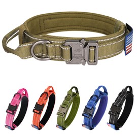 KCUCOP Tactical Dog Collar for Medium & Large Dogs - Military Nylon Heavy Duty Collar with Handle, Reflective Strip & Metal Buckle for Training, Outdoor (Brown Reflective, Medium)
