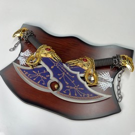 Metal Chaos Blade Cosplay Sword，Real Metal Sword,One Set of Two Bades of Chaos with Display Plaque，War Game Collection, Metal Chain Sword,1:1 Replica Props for Cosplay Collectin and Gift