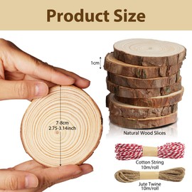 HOTUT Wooden Discs, Pack of 14 Wooden Log Discs 7-8 cm, Tree Discs Without Hole with 2 Rolls of Cord, Round Natural Wood Disc for DIY Crafts, Coasters, Christmas Decoration
