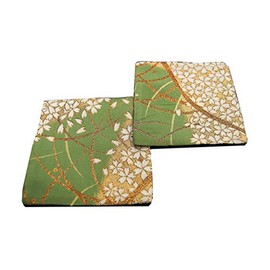 SHINSENDO Kimono Coasters Japanese Traditional Fabrics Kinran Set of 2 (Pattern Name: Green Grassland