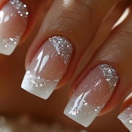 Hkanlre Square Press on Nails Nude Shiny Fake French Nails Tips Full Cover Bling False Medium Nails for Women and Girls 24PCS