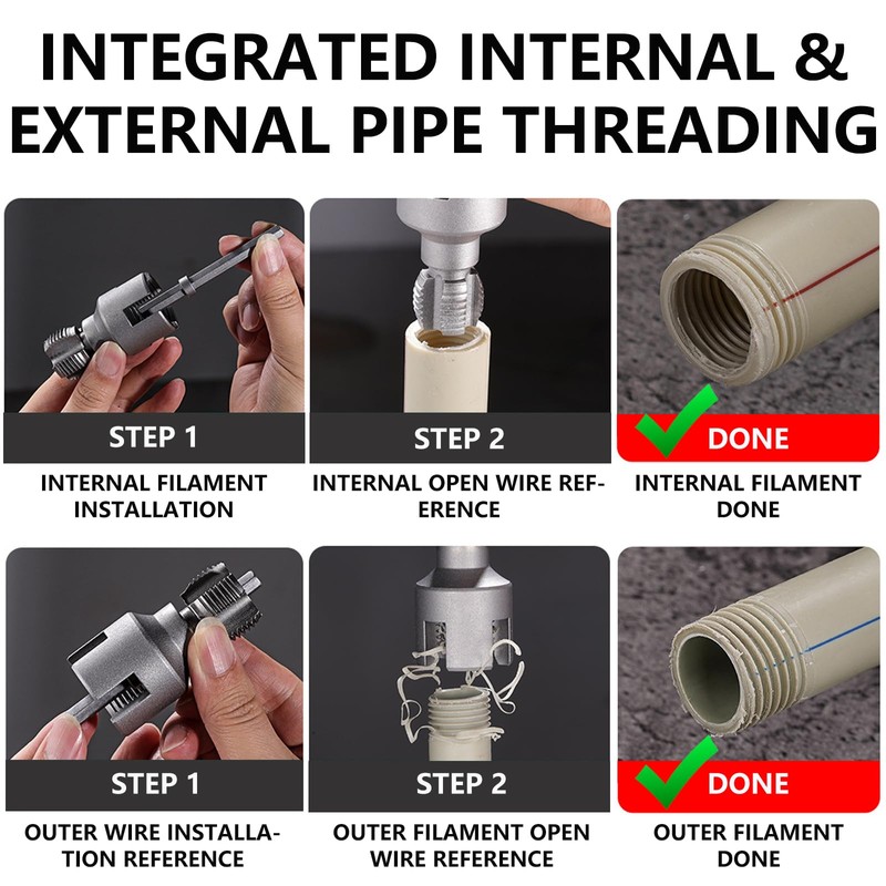 Integrated Internal & External Pipe Threading Tool with 1/2'' &