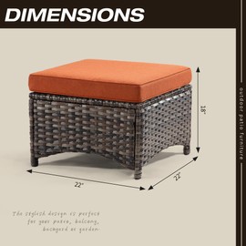 Gardenbee Patio Ottomans Set of 2, 22"x 22"x 18" Outdoor Wicker Footstool with Cushion, Orange, for Garden, Backyard, Deck, Porch, Balcony, Poolside