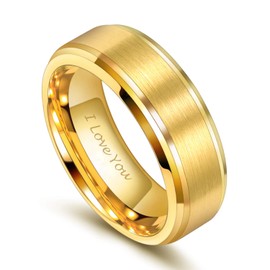 TRUMIUM 8MM Mens Gold Ring Tungsten Wedding Band Engraved I Love You Brushed Matte Comfort Fit Size 12.5