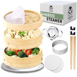Chef's Palace Bamboo Steamer Basket | 10 Inch 2 Tier Dumpling, Rice and Vegetable Steamer | Chopsticks and Chopsticks Helpers, Silicon Liners, Ring Adapter, Dumpling Helper and Instructions Manual.