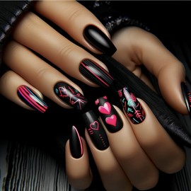 Valentine’s Day Press on Nails Medium Coffin Fake Nails with Stripe Designs Valentine Heart False Nails Full Cover Glossy Stick on Nails Cute Valentine Glue on Nails for Women Holiday Manicure