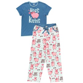 Lazy One Women's Pajama Set, Short Sleeves with Cute Prints, Relaxed Fit, Hugs & Kisses, Pig, Farm, Blue (Hogs & Kisses, Small)