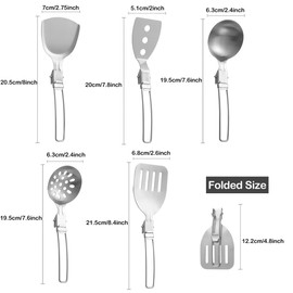 Stainless Steel Camping Kitchen Utensils Set, 5-Pieces Folding Metal Cooking Tools with Wok Spatula, Slotted Spoon, Soup Ladle, Slotted Spatula for Camping Cooking, Tent Campers,Outdoor Picnics BBQ
