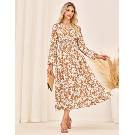 GRACE KARIN Women Floral Maxi Dress,2025 Fall Long Sleeve Casual Dresses,V Neck Boho Flowy Elegant Dress with Pockets L Yellow