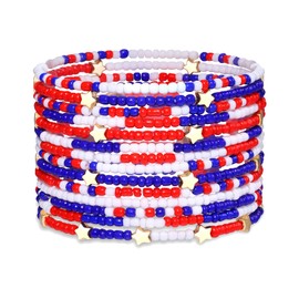 HEIDKRUEGER Patriotic Beaded Bracelets Independence Day Tiny Beaded Stretch Bracelets 4th of July Red White Blue Bracelets for Women American Flag Star Stackable Bracelet 14Pcs