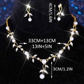 Brishow Wedding Jewelry Sets Gold Leaf Rhinestone Necklace Set Formal Pearl Costume Jewerly for Women and Brides (gold)