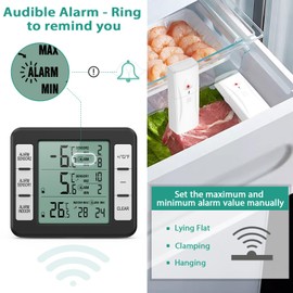 ORIA Refrigerator Thermometer, Wireless Digital Freezer Thermometer with 2 Wireless Sensors, Audible Alarm, Min and Max Display, LCD Display for Home, Restaurants, Bars, Black