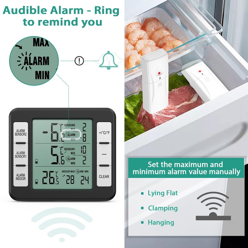 ORIA Refrigerator Thermometer, Wireless Digital Freezer Thermometer with 2 Wireless