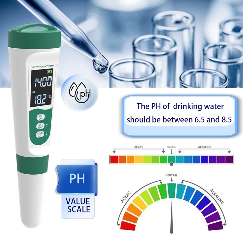 5-in-1 Water Quality Tester - TDS/PH/Temp/Salt/EC Meter - High-Precision Chip