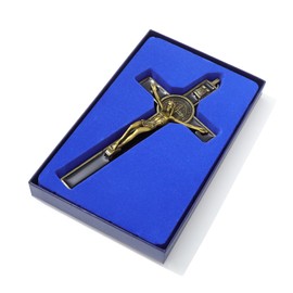 KOMI Crucifix Wall Cross 7.5 Inch Black Enamel Crucifix Wall Hanging Cross -Saint Benedict Metal Wall Art- Catholic Faith Gift for Families Friends