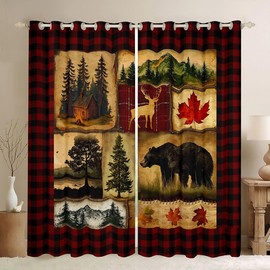 Bear Cabin Plaid 100% Blackout Curtains,Rustic Farmhouse Curtains,Retro Hunting Deer Window Treatments,Country Woodland Pine Tree Curtains Drapes,Maple Leaf Darkening Curtains,Red Black Brown 52"X84"