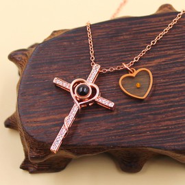 Uloveido Religious Heart Cross Necklace for Women 100 Languages Cubic Zirconia Heart Mustard Pendant Christmas Birthday Inspirational Gift YA4789, Brass, Cubic Zirconia