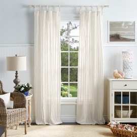 MARTHA STEWART Laguna Stripe Semi-Sheer Tie Tab Window Curtain Panel Pair, 84, Mocha