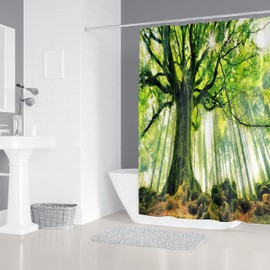 M&W DAS DESIGN Shower Curtain Forest Plants Tree Textile Tree Branch Green Nature Calm Sunny Peace Curtain Mould Resistant Leaves Landscape Colourfast Includes 12 C-Rings Weight Bottom