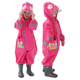 JinBei Puddle Suit for Kids Girls Waterproof Suit All in One Raincoat Lightweight Hooded Portable Breathable Easy to Dry Rainsuit Rainwear for Children Baby Girls 2-3 Years, Rose Red Owl Print