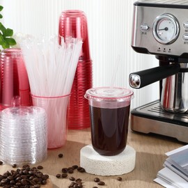 Ziliny 50 Sets Clear Plastic Cups with Lids and Straws, Disposable Iced Coffee Cups Drinking PET for Cold Drinks, Juice, Smoothie, Coffee Shops, Party, Christmas(Pink,16 oz)