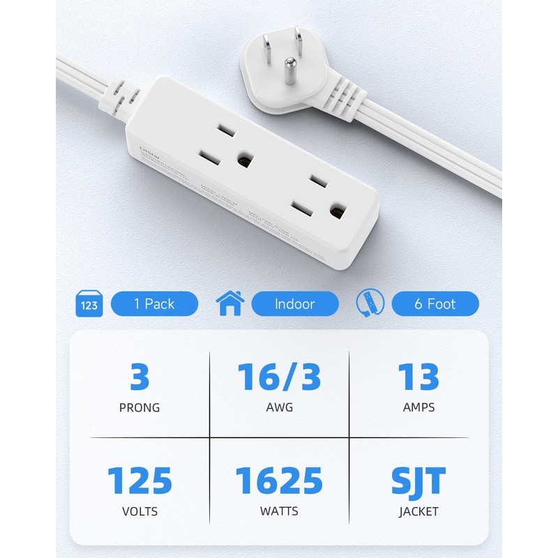 Flat Plug Extension Cord with 3 Outlets - 6 ft