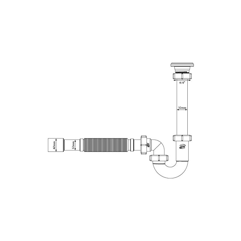 Kitchen Sink Drain Waste Trap 6/4" x 40mm with Flexible