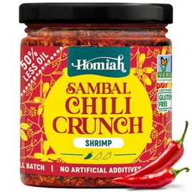 Homiah Sambal Chili Crunch, Shrimp, 6oz - Less Oil Low Sodium Gluten Free Non-GMO, Sambal Oelek Chili Paste, Shrimp Paste, Crispy Chili Crunch Topping – Mild