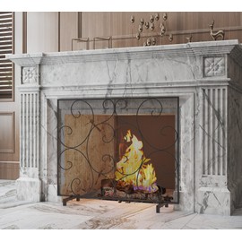 Kingson Single Panel Fireplace Screen Cover Handcrafted Solid Wrought Iron Mesh, Heat-Resistant Fire Spark Guard for Inside Fireplace-Black