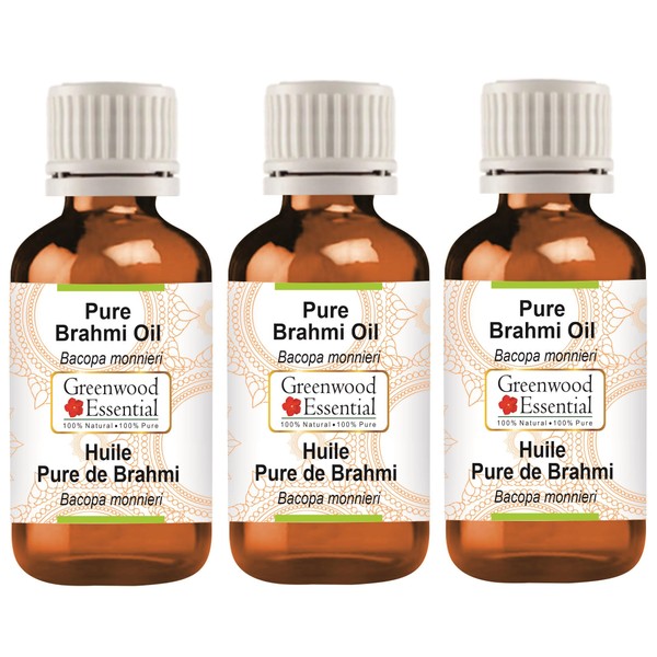 Greenwood Essential Pure Brahmi Oil (Bacopa Monnieri) Therapeutic Quality for Hair, Skin and Aromatherapy (Pack of Three) 100 ml x 3 (10 oz)