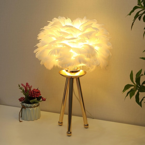 Sheenkarion Modern Small Gold Feather Table Lamp,Tripod Nightstand Bedside Lamp