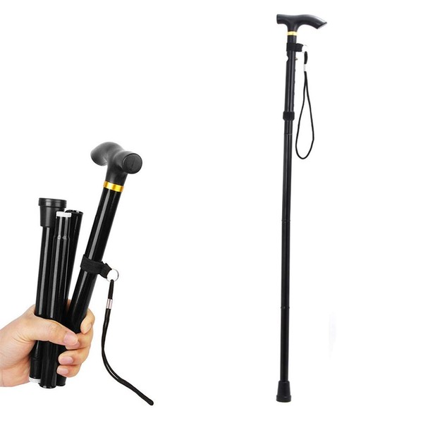Aiky Folding Cane - Foldable Walking Cane for Men, Women - Fold-up, Collapsible, Lightweight, Adjustable, Portable Hand Walking Stick - Balancing Mobility Aid - Sleek, Comfortable T Handles (Black)