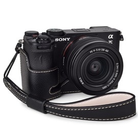 Rieibi Alpha 7C II Case - Premium PU Leather Half Case for Sony A7C II/Alpha 7C Mark II/A7C2 Digital Camera - Protective Grip Sony A7CII Case with Handle & Bottom Opening, black, Half pocket and wrist