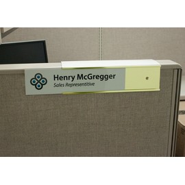 Over the Cube Quality Aluminum, Changeable Cubicle Nameplate Holder, Satin Silver Base, and Polished Yellow Gold Name Plate Holder, Guaranteed Not To Crack (2.5" Cubicle Wall Depth)