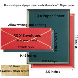 50 Pack Christmas Stationery Set with Envelopes, 8.5x11 Inches