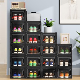 YITAHOME Stackable Shoe Storage Organizers, Large Size Plastic Shoe Box, Set of 18 - Versatile, Roomy, Ventilated, Durable, and Space, Black
