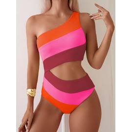 TASHEHE - Traje de baño de una pieza para mujer, con un solo hombro, sexy color neón, traje de baño de cobertura completa y recortado, Naranja/Rosa/café, Large