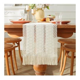 Noguez. Camino de Mesa de Algodón y Lino, Elegante Decoración de Mesa de 30 cm. x 120 cm., Camino de Mesa Rústico Bohemio para Comedor, Elegante Decoración para Bodas y Fiestas. (Blanco Puro)