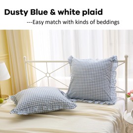 K MASANIJI 2PACK Dusty Blue White Plaid Euro Pillow Shams 26x26 inches, 100% Cotton Checkered Gingham French Country Rustic Ruffle Bed Pillow Covers (26x26 inches, Dust Blue/White Plaid)