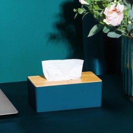 Tissue Box with Bamboo Cover,Plastic Tissue Organizer,Bathroom Tissue Dispenser for Home,Bedroom,Office,Living Room,9.6 × 4.9 × 3.5 in (Dark Green)