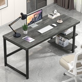 EXCEFUR Industrial Computer Desk, Home Office Desk with Storage Shelves, Wood Study Writing Table for Bedroom, Living Room, Grey, 53 Inch