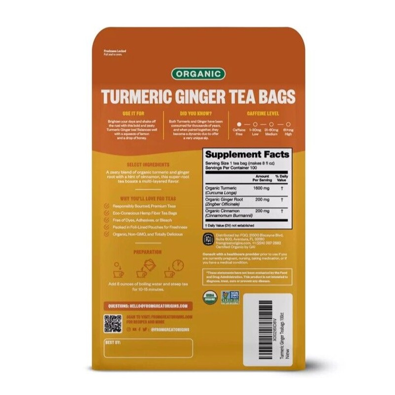 FGO Organic Turmeric Ginger Tea - Eco-Conscious Tea Bags -