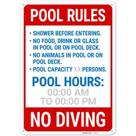 Sigo Signs, Custom Pool Rules Shower Before Entering No Food No Drinking Sign, 10x14 Inches, Rust Free .040 Aluminum, Fade Resistant, Made in USA