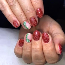 Red Press on Nails Short Almond Fake Nails with Christmas Holly Designs Glossy Full Cover Glue on Nails Cute Acrylic Nails Xmas Winter Stick on Nails for Women Girls 24 Pcs