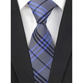 Men's Blue Grey Ties Trendy Tartan Plaid Narrow-width Wedding Necktie for Grooms Thin Blue Line Tie