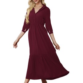 PerZeal Women's Casual Beach Maxi Dress Spring Summer 3/4 Sleeve Buttons Tiered Ruffle A Line Swing Dresses Burgundy Medium