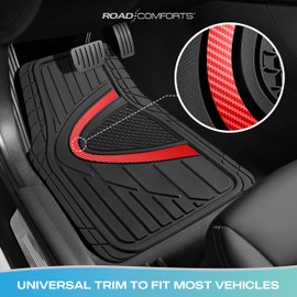 Road Comforts Car Floor Mat, Heavy Duty Rubber Liners, Anti Slip Design, Universal Fit Full Set, All Seasons Trim to Fit Custom Car Floor Mats for Vehicles, Cars, Trucks, SUVs Red