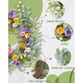 Spring Summer Tulips Wreath for Front Door 22", Tulips Floral Wreath with Hook Flocked Lamb Ear Leaves Artificial Wreath Farmhouse Indoors Home Window Décor