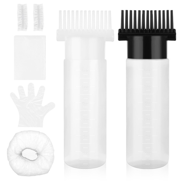 Aster Root Comb Applicator Bottle, 2 Pcs 6 Ounce Hair Oiling Applicator Bottle with Gloves, Bibs, Earmuffs, Hoods, Bottle Applicator Brush with Graduated Scale for Hair Dye(Black, White)